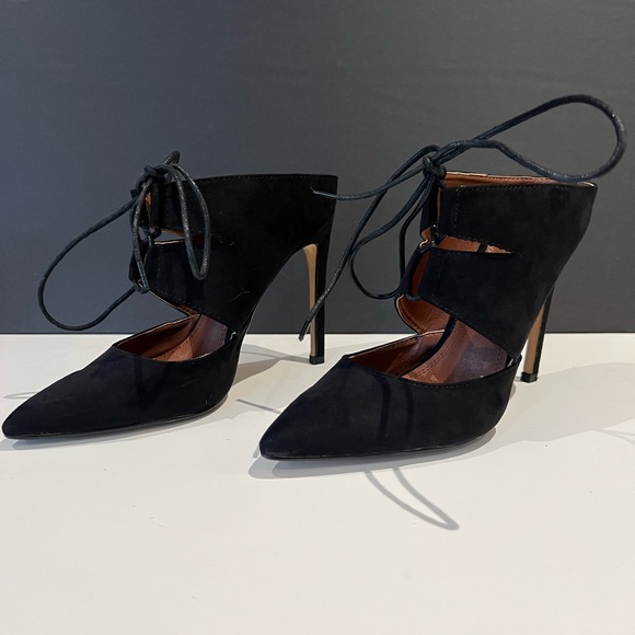 Black Suede Lace Up High Heeled Mule Size 8.5 - Picture 6 of 9